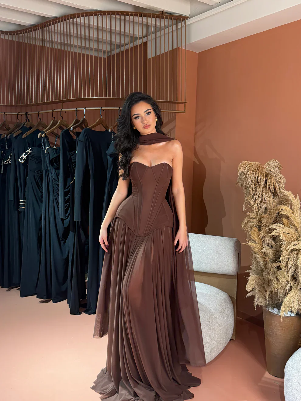 Chic Corset Gown with Draped Chiffon Skirt - Image 2
