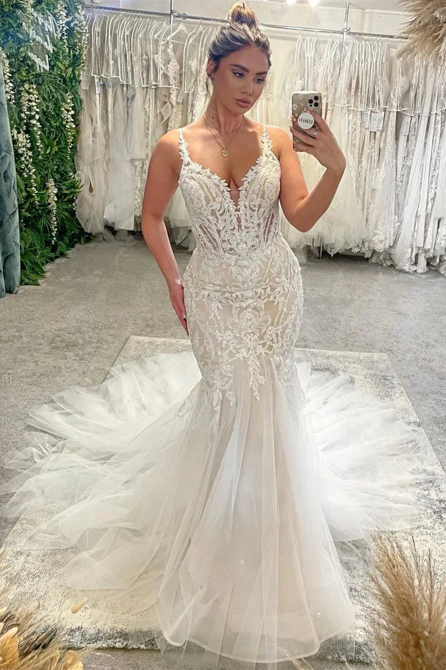 Chic Floor Length V-Neck Spaghetti Straps Sleeveless Mermaid Wedding Dress with Chapel Train - Image 6