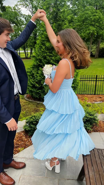 Chic Light Blue Chiffon Prom Dresses Pearl Beaded Evening Gown - Image 4