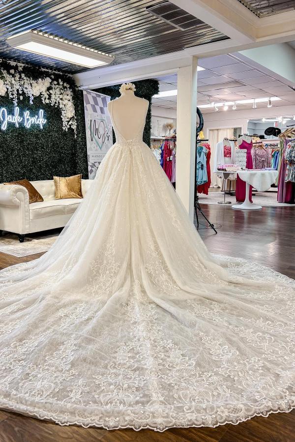 Chic Long A-line V-neck Floral Lace Open Back Wedding Dresses - Image 4