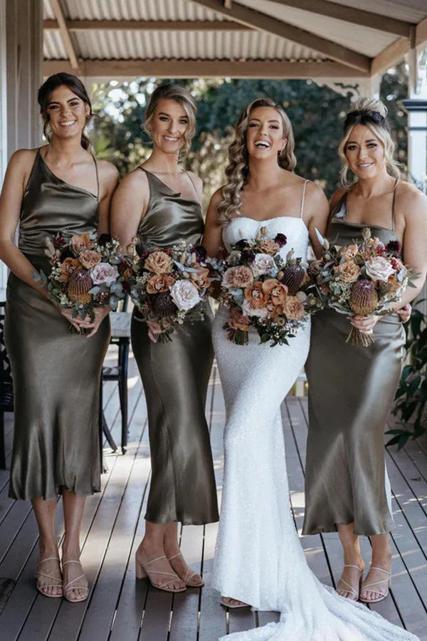 Chic Satin Sheath Bridesmaid Dresses Tea-length Short Gowns - Image 2