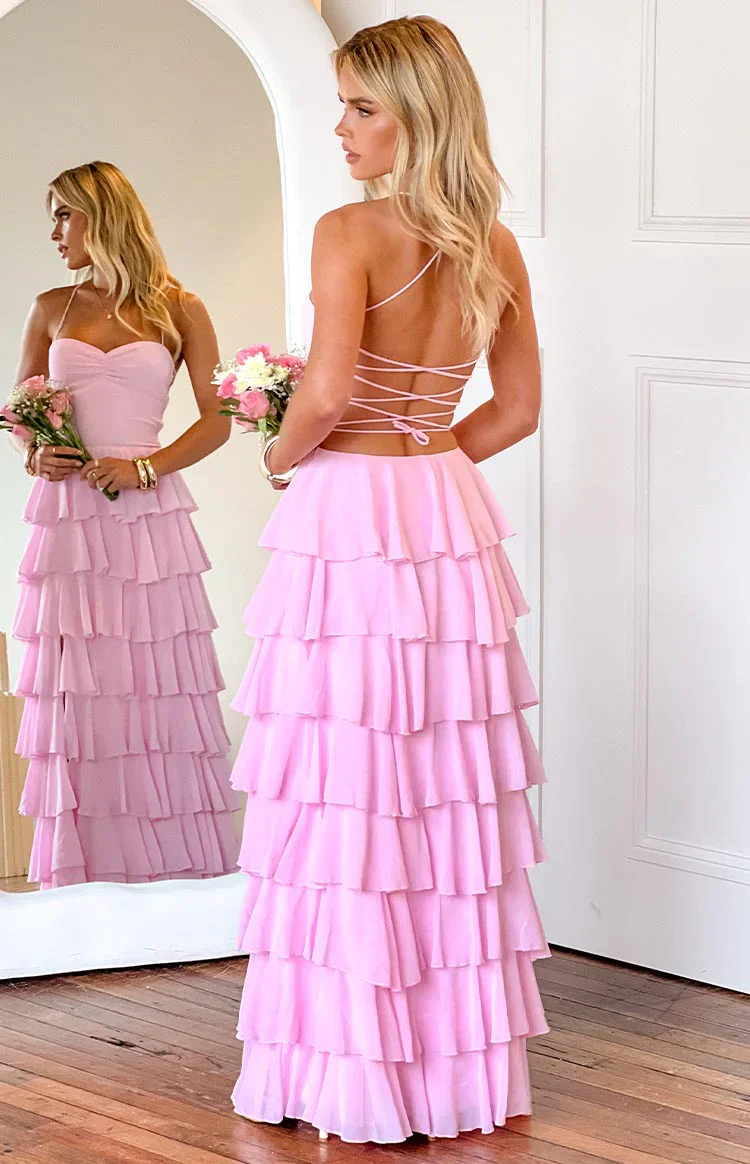 Chiffon bust pleated tiered ruffles high slit ball gown - Image 2