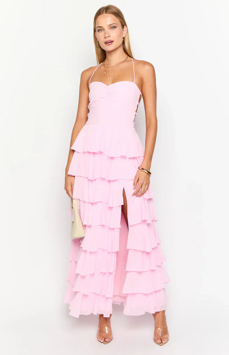 Chiffon bust pleated tiered ruffles high slit ball gown - Image 5