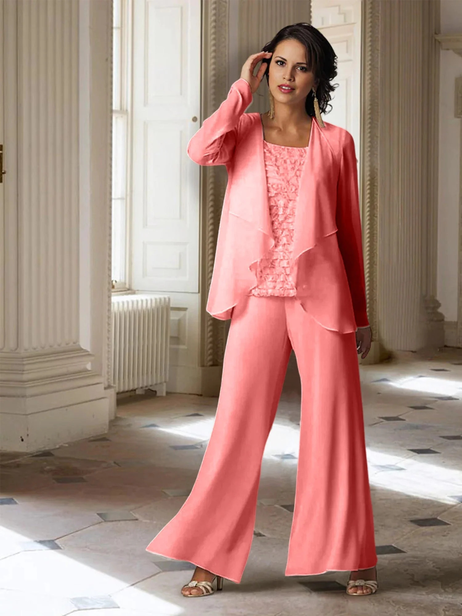 Chiffon Long Sleeves Mother of the Bride Pantsuits with Jacket - Image 11