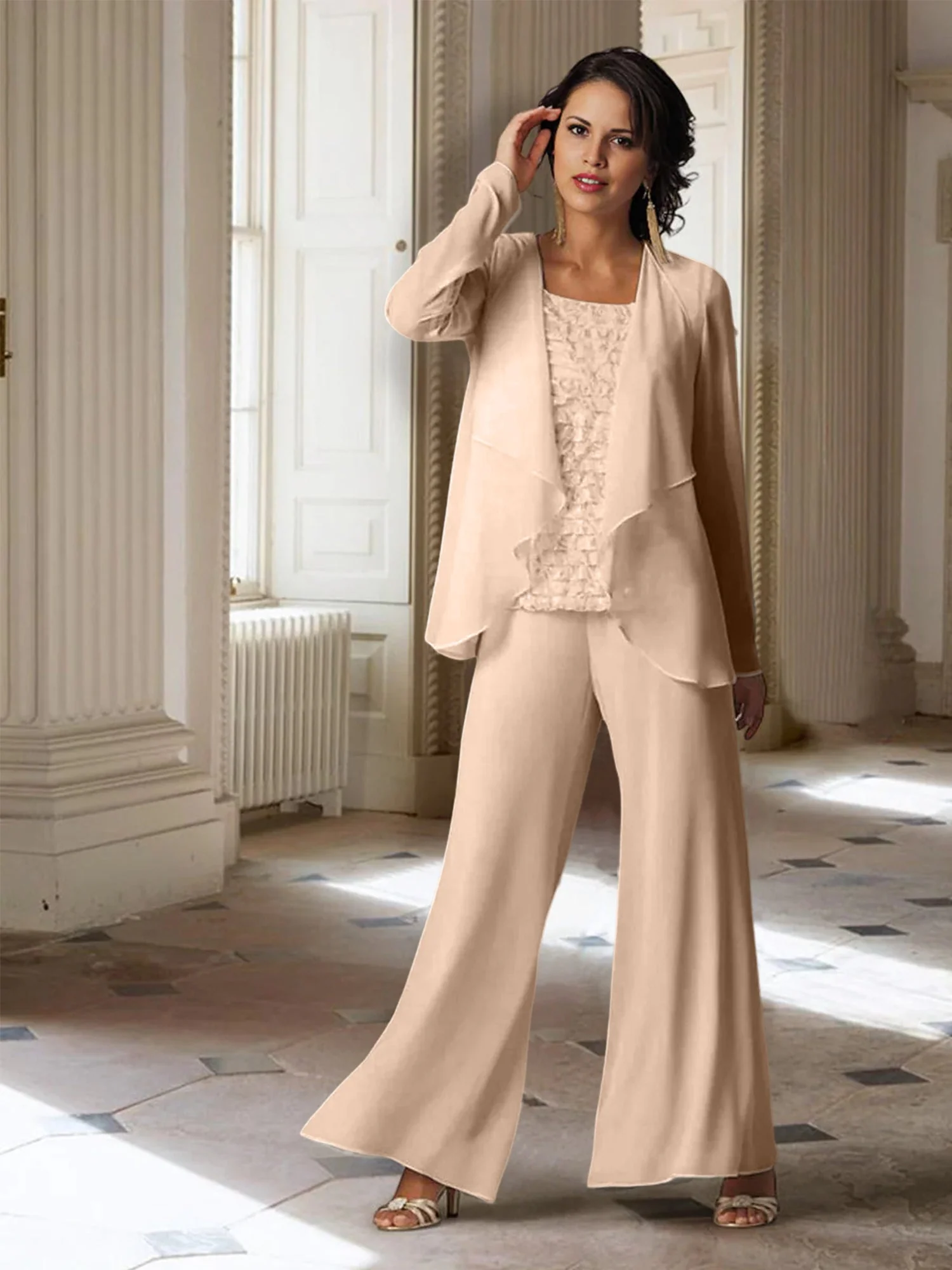 Chiffon Long Sleeves Mother of the Bride Pantsuits with Jacket - Image 49