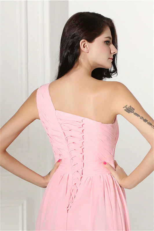 Chiffon Pink One Shoulder Long Bridesmaid Dresses - Image 3