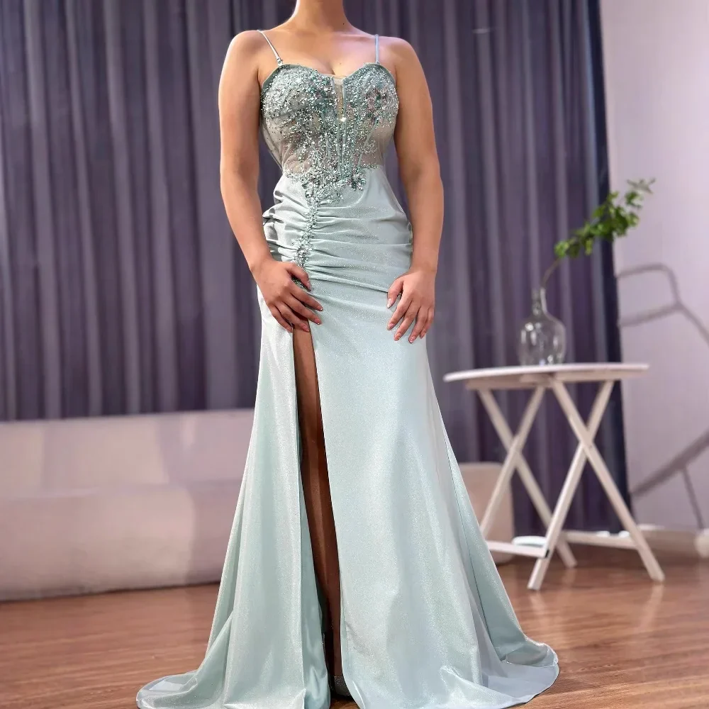 Classy Navy Satin Prom Dress with Lace Beaded and Slit LA73003 - Image 4