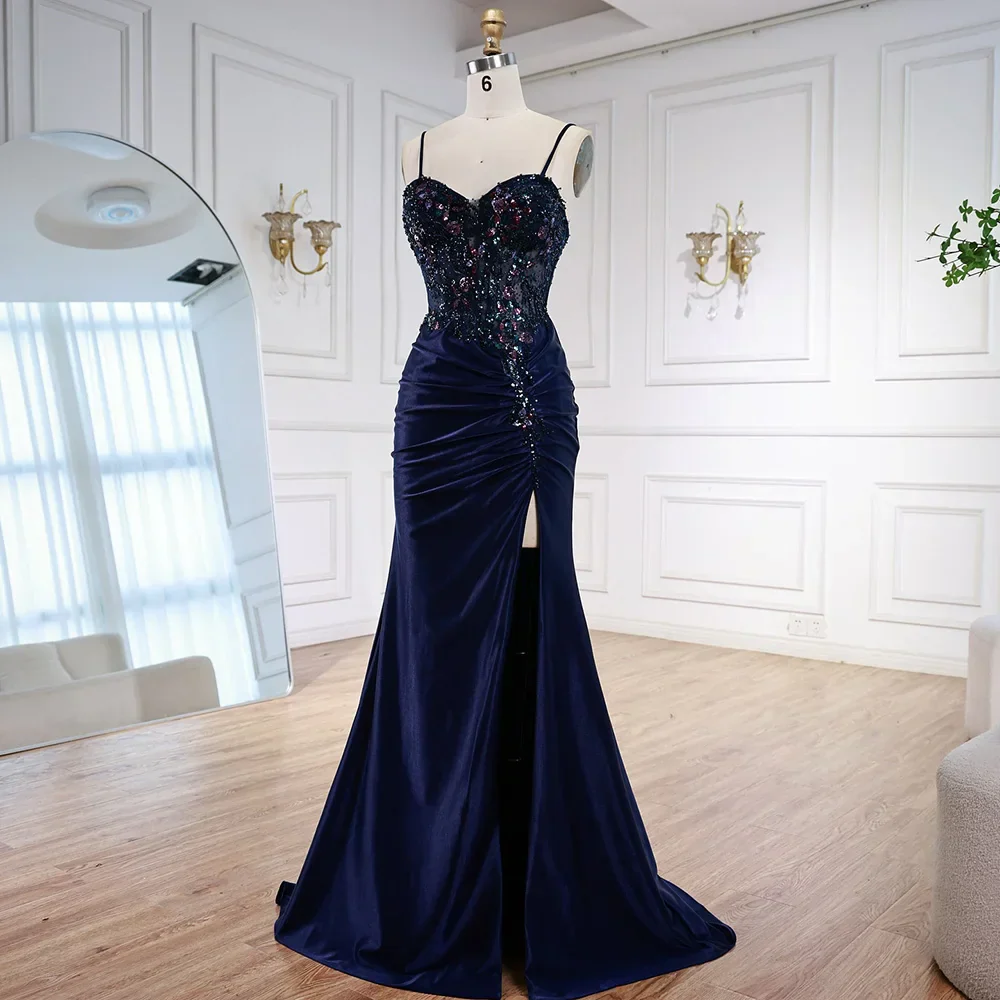Classy Navy Satin Prom Dress with Lace Beaded and Slit LA73003 - Image 6