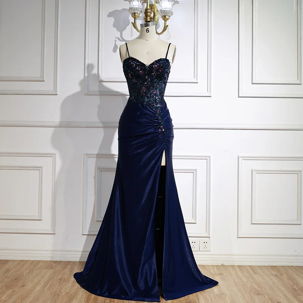 Classy Navy Satin Prom Dress with Lace Beaded and Slit LA73003 - Image 7