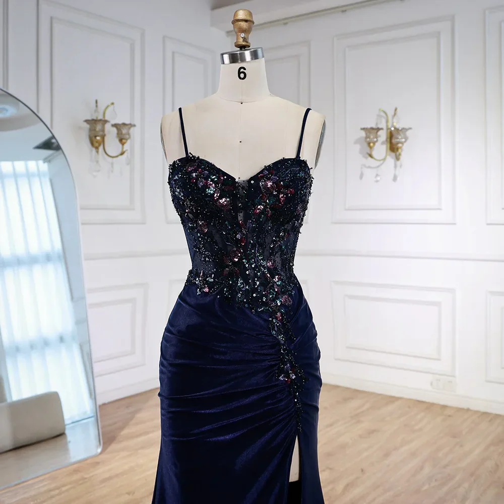 Classy Navy Satin Prom Dress with Lace Beaded and Slit LA73003 - Image 9
