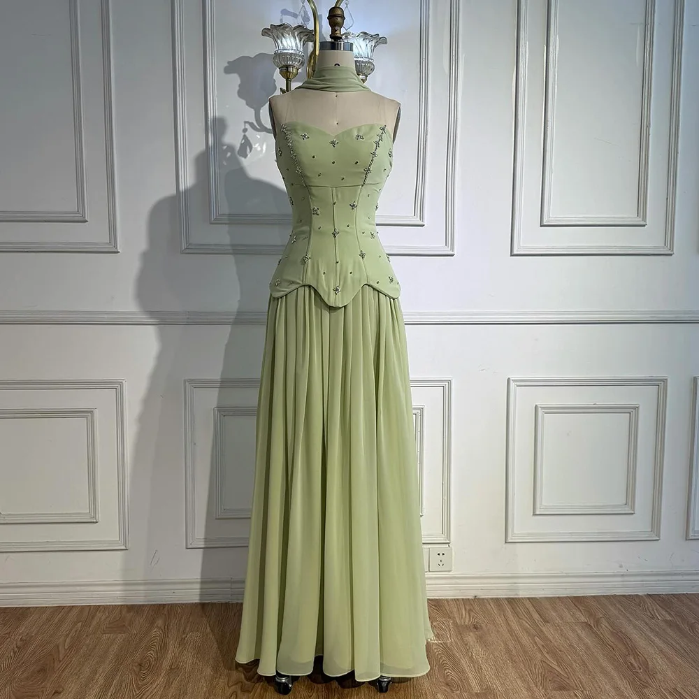 Classy Sage Green A-Line Chiffon Evening Dress LA73073 - Image 11