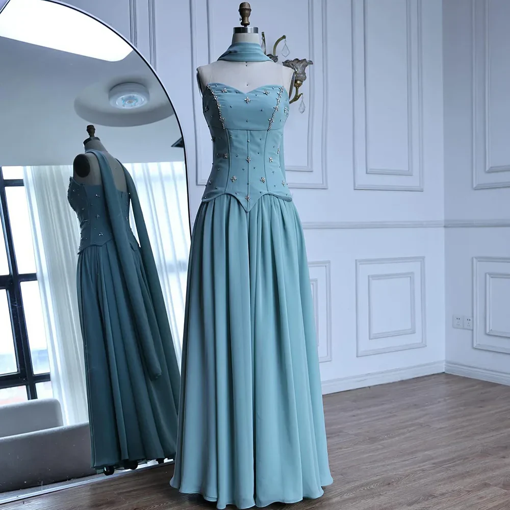 Classy Sage Green A-Line Chiffon Evening Dress LA73073 - Image 7