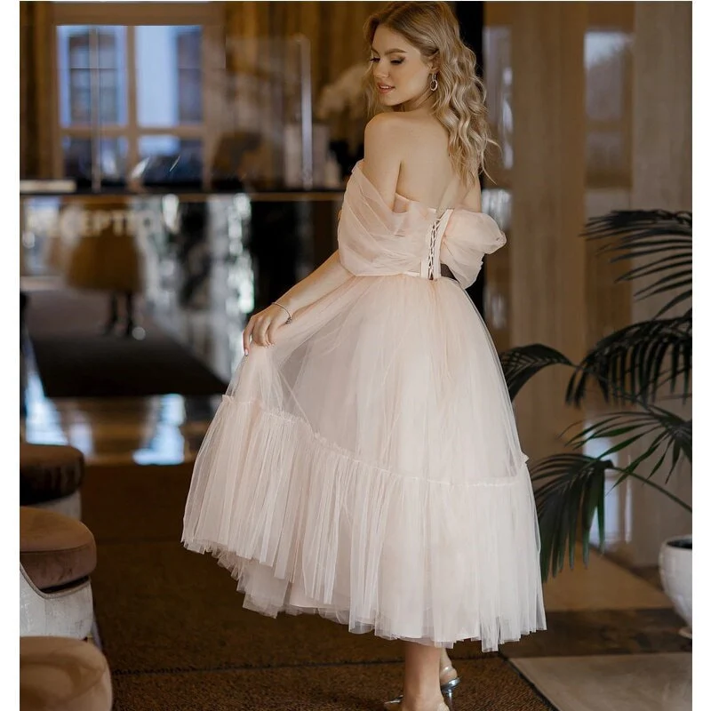 A Line Pink Tulle Tea Length Prom Dress - Image 3