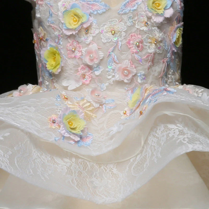 Toddler Girl birthday Party Communion Dress Colorful Flower Lace Tail Princess Dress - Image 8