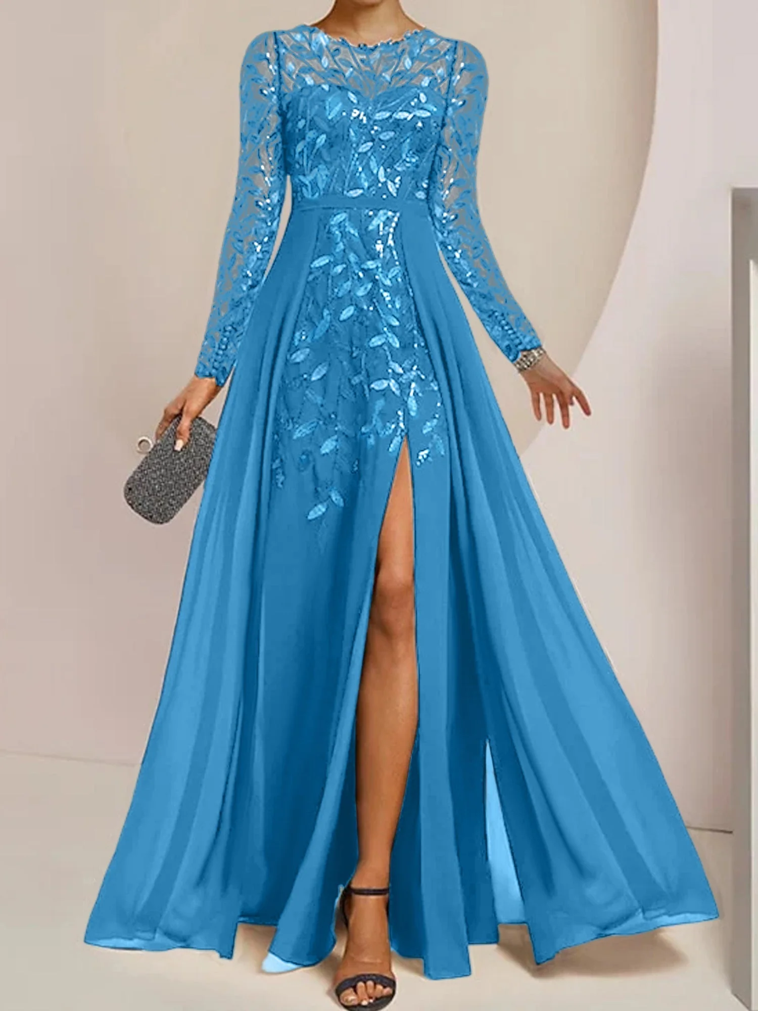 A-Line/Princess Scoop Floor-Length Mother of the Bride Dresses with Split Side Ruffles Sequins - Image 26
