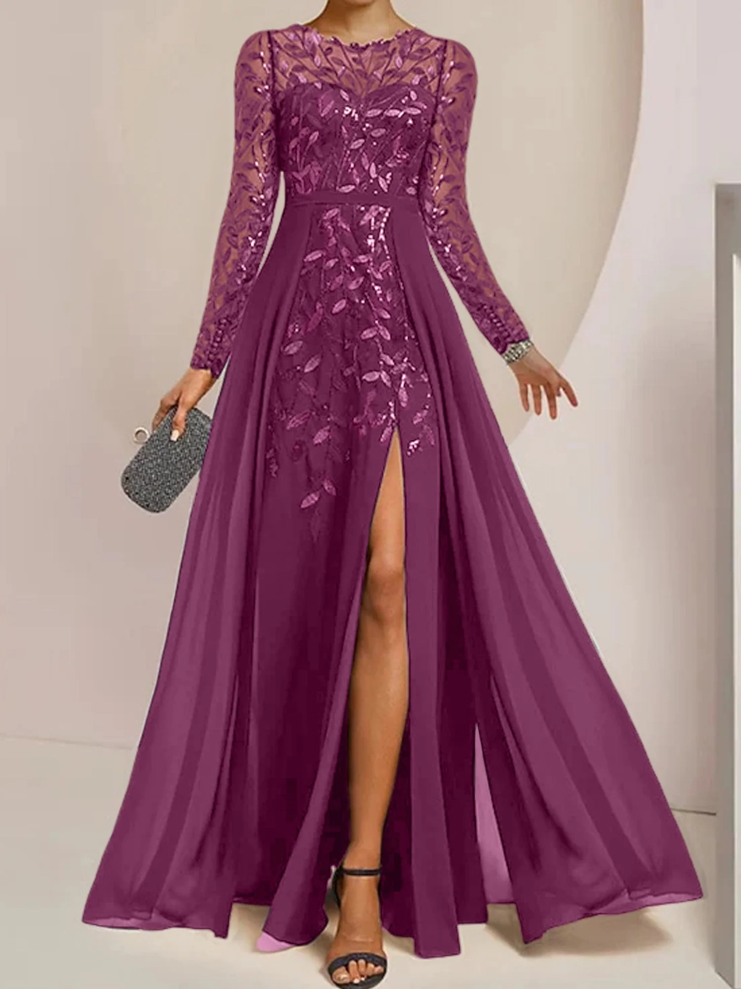 A-Line/Princess Scoop Floor-Length Mother of the Bride Dresses with Split Side Ruffles Sequins - Image 29