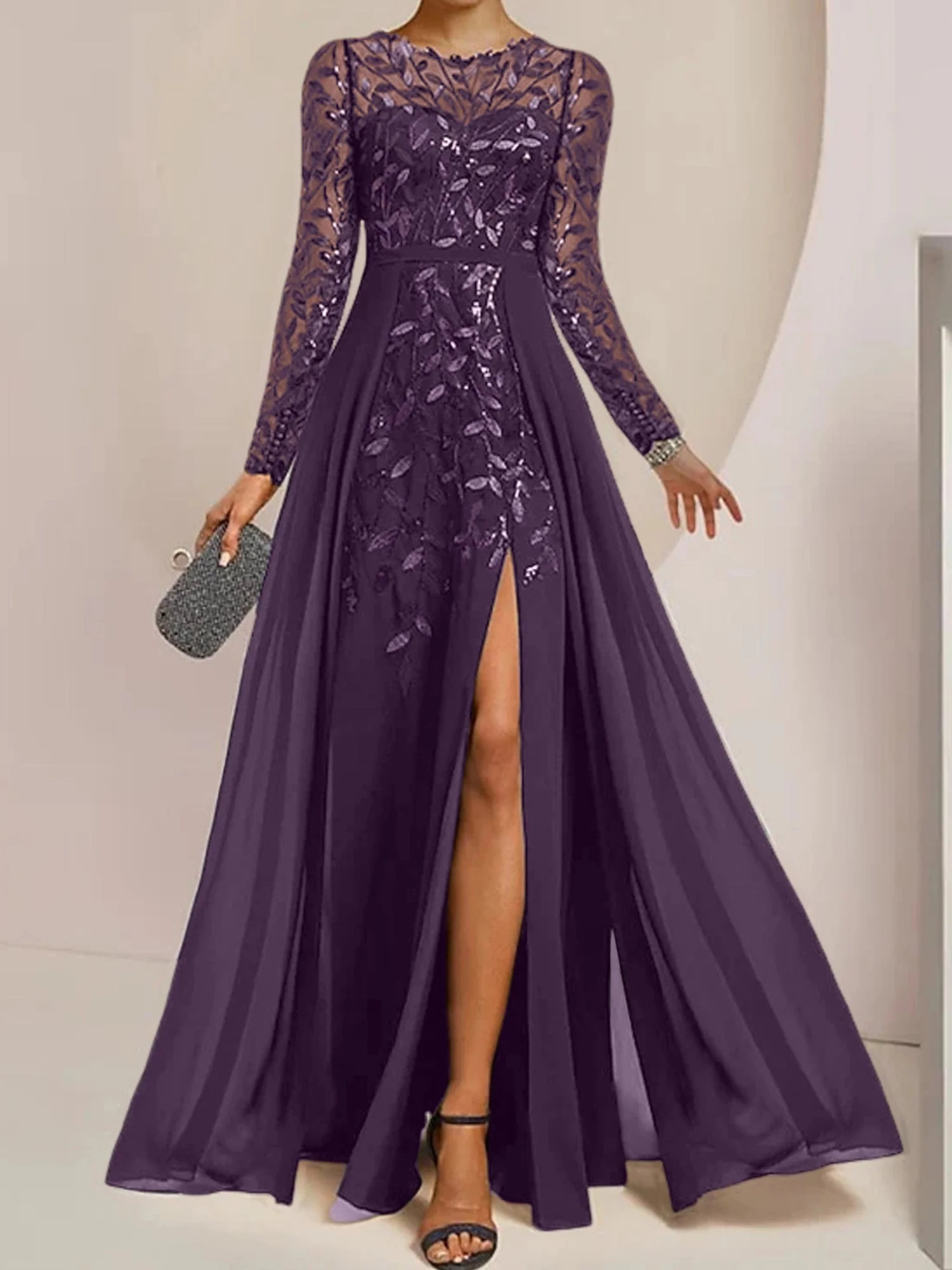 A-Line/Princess Scoop Floor-Length Mother of the Bride Dresses with Split Side Ruffles Sequins - Image 31
