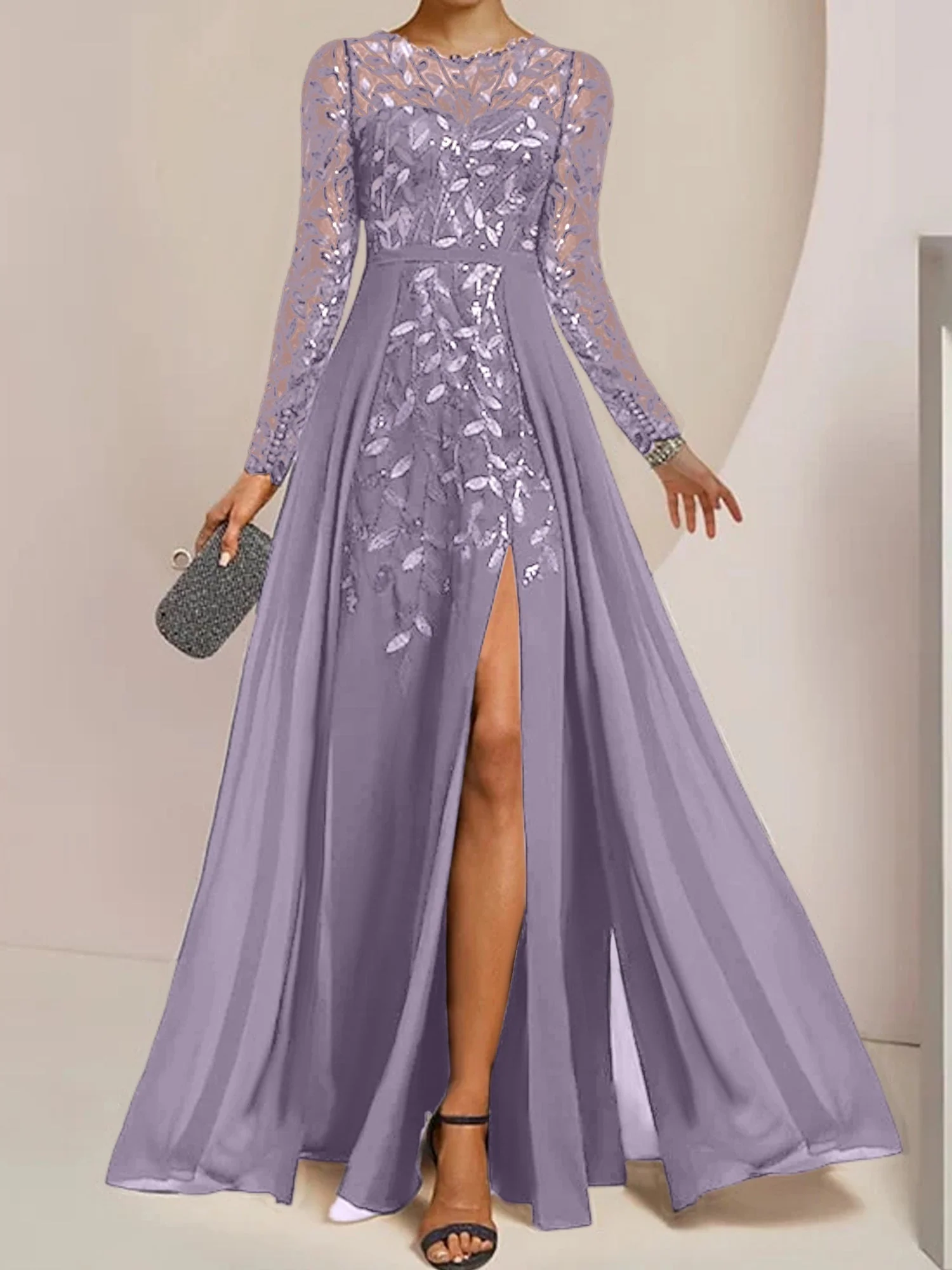 A-Line/Princess Scoop Floor-Length Mother of the Bride Dresses with Split Side Ruffles Sequins - Image 41