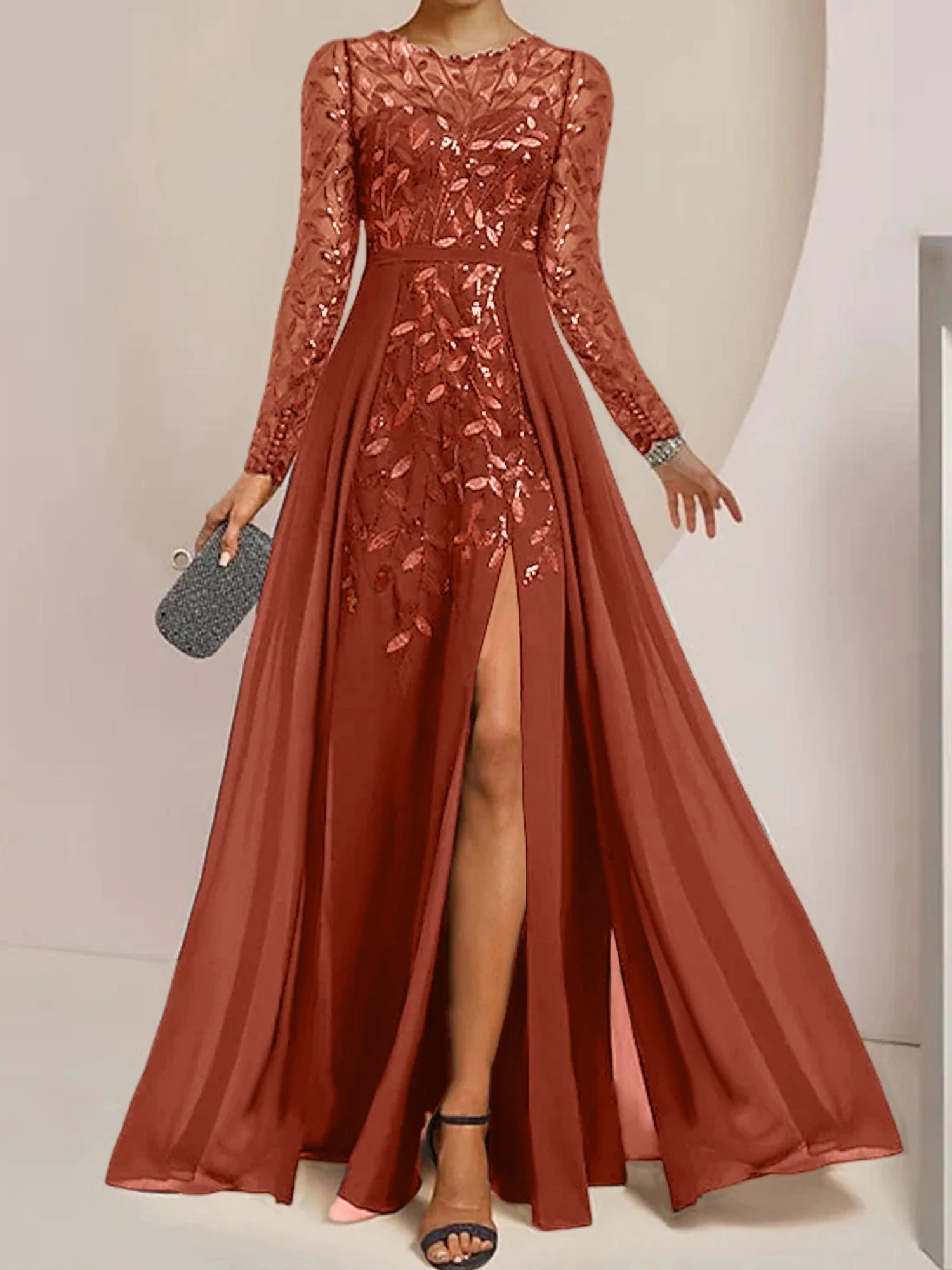 A-Line/Princess Scoop Floor-Length Mother of the Bride Dresses with Split Side Ruffles Sequins - Image 74