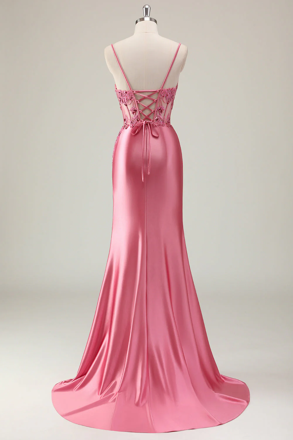 Coral Spaghetti Straps Satin Beaded Mermaid Long Prom Dress with Slit - Image 10