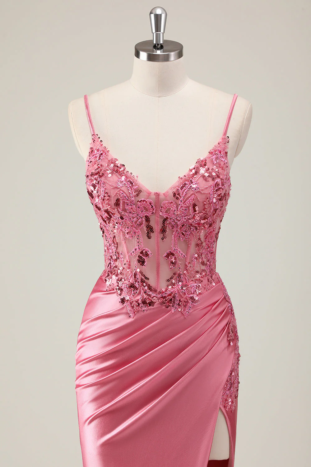 Coral Spaghetti Straps Satin Beaded Mermaid Long Prom Dress with Slit - Image 12