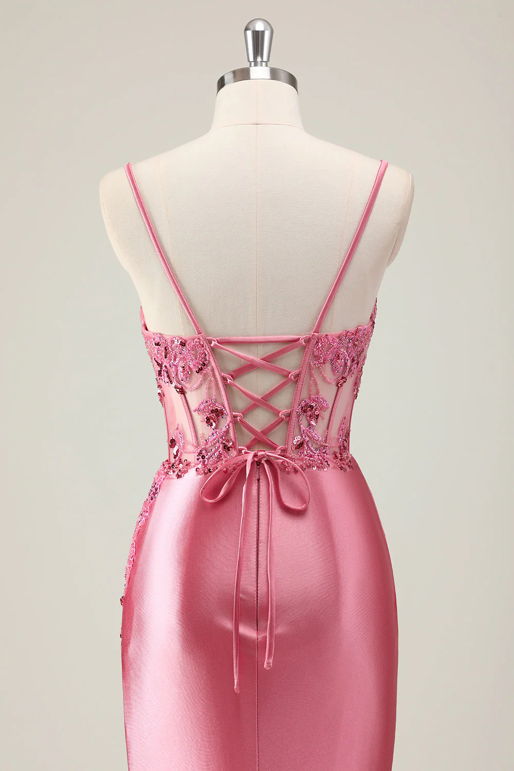 Coral Spaghetti Straps Satin Beaded Mermaid Long Prom Dress with Slit - Image 13