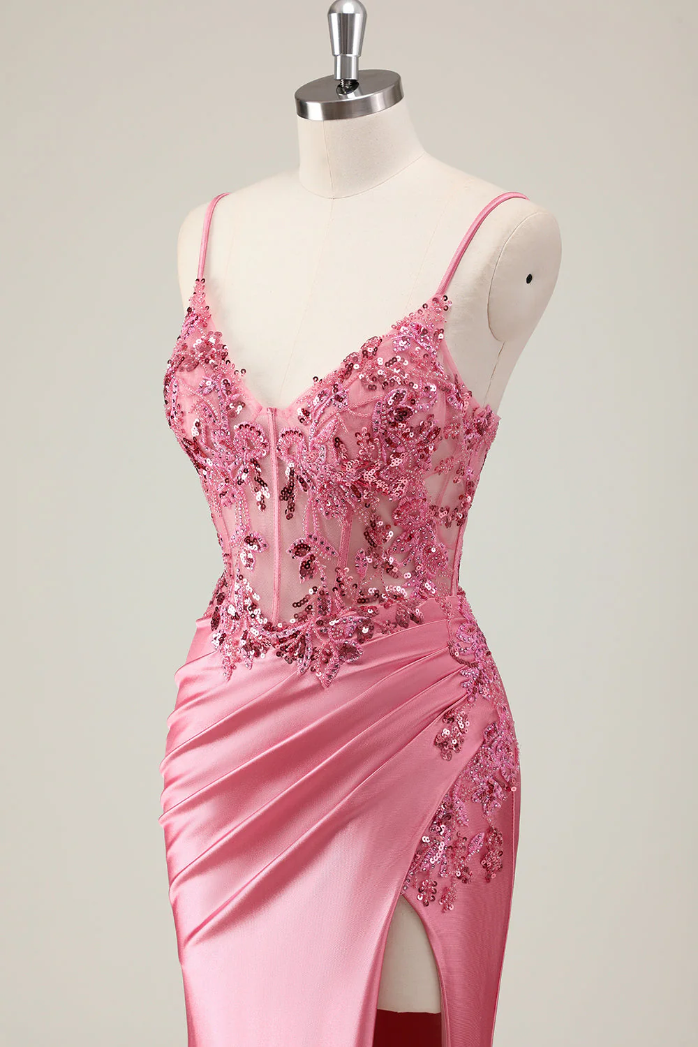 Coral Spaghetti Straps Satin Beaded Mermaid Long Prom Dress with Slit - Image 14