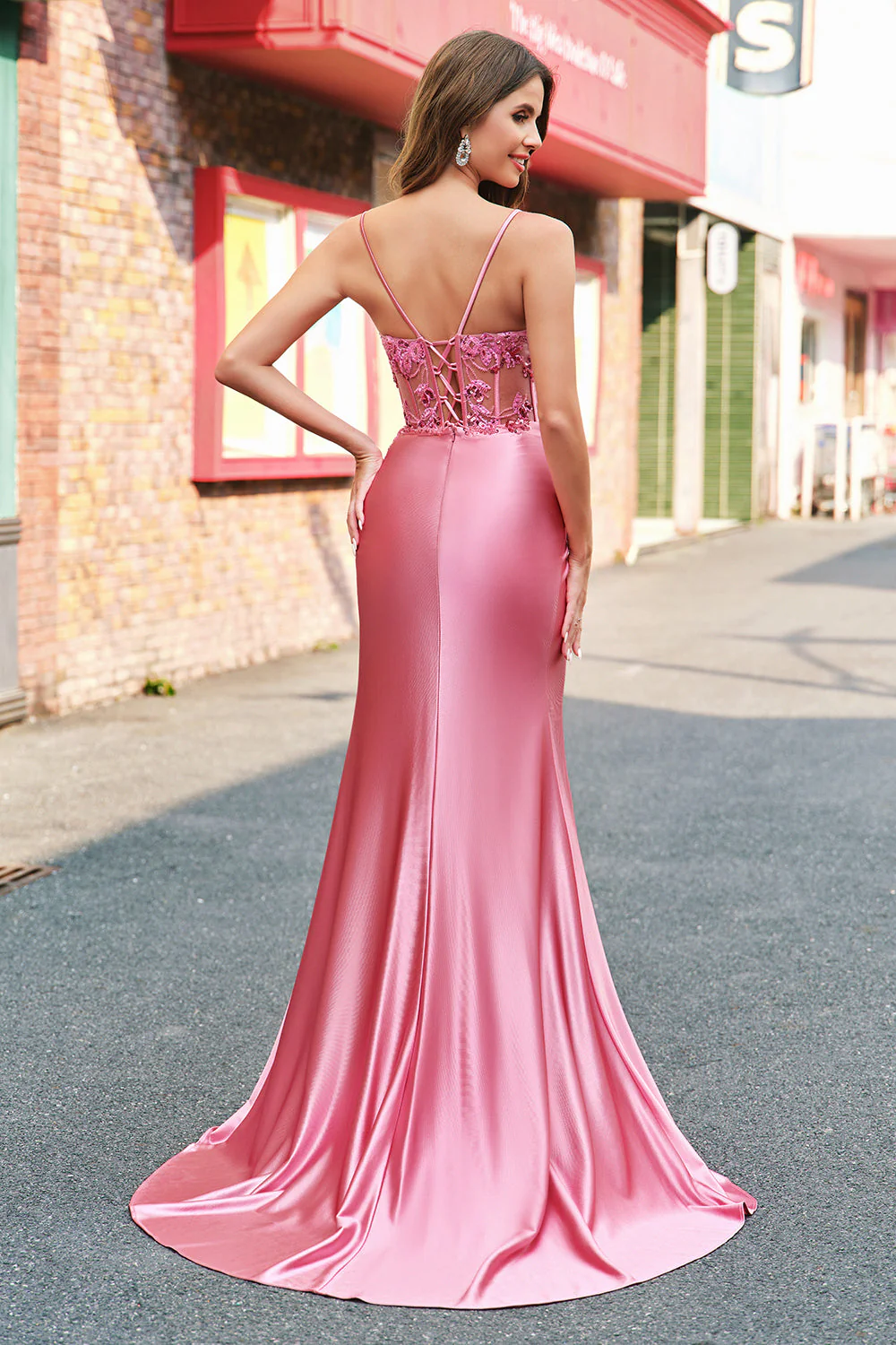 Coral Spaghetti Straps Satin Beaded Mermaid Long Prom Dress with Slit - Image 2