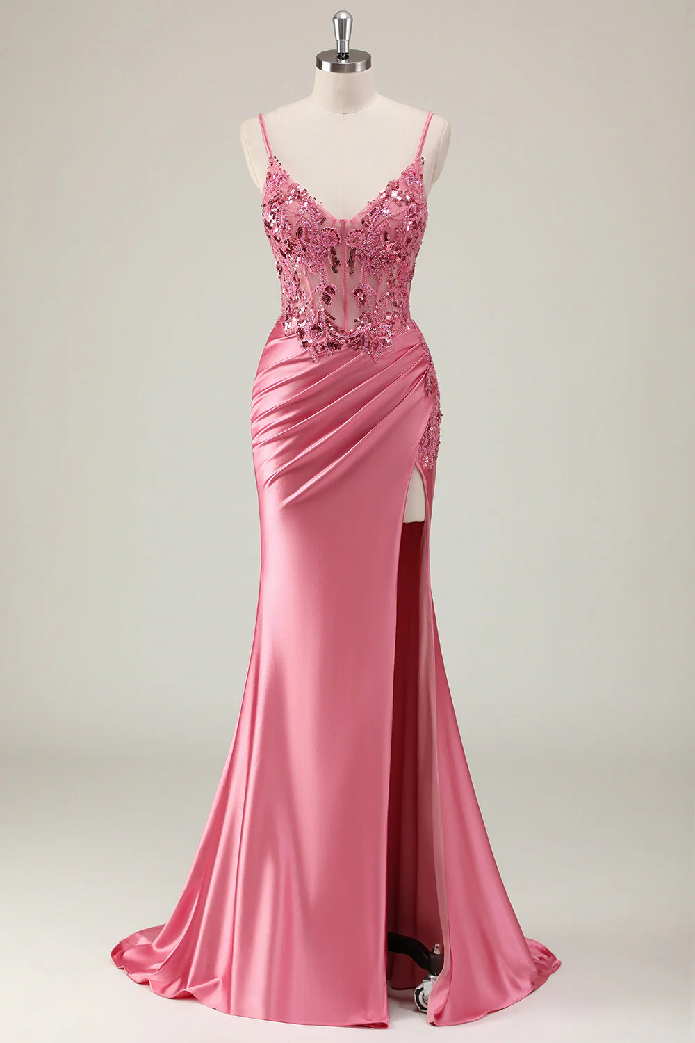 Coral Spaghetti Straps Satin Beaded Mermaid Long Prom Dress with Slit - Image 9