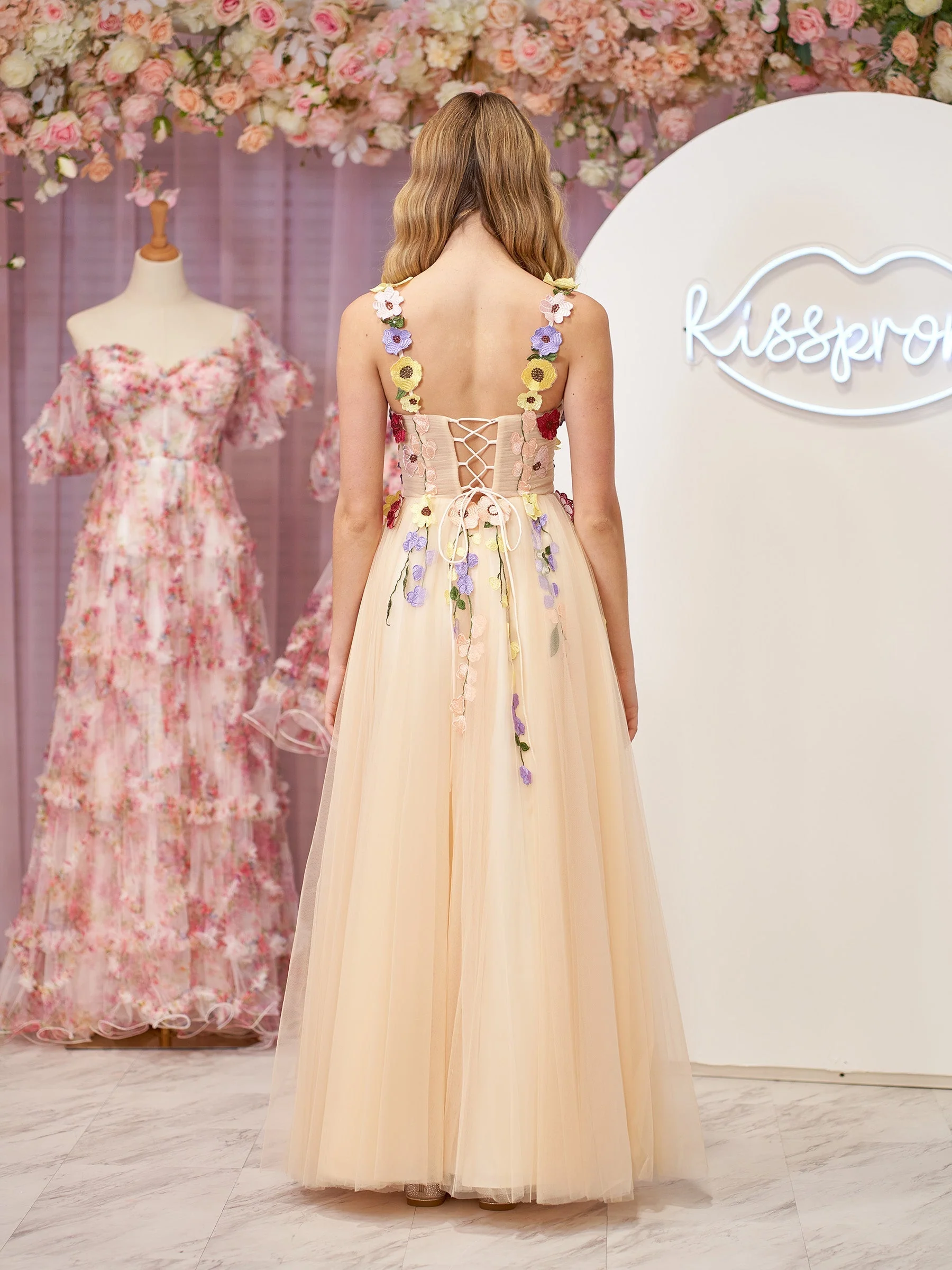 A-Line Corset Midi Prom Dress with 3D Flowers - Image 5