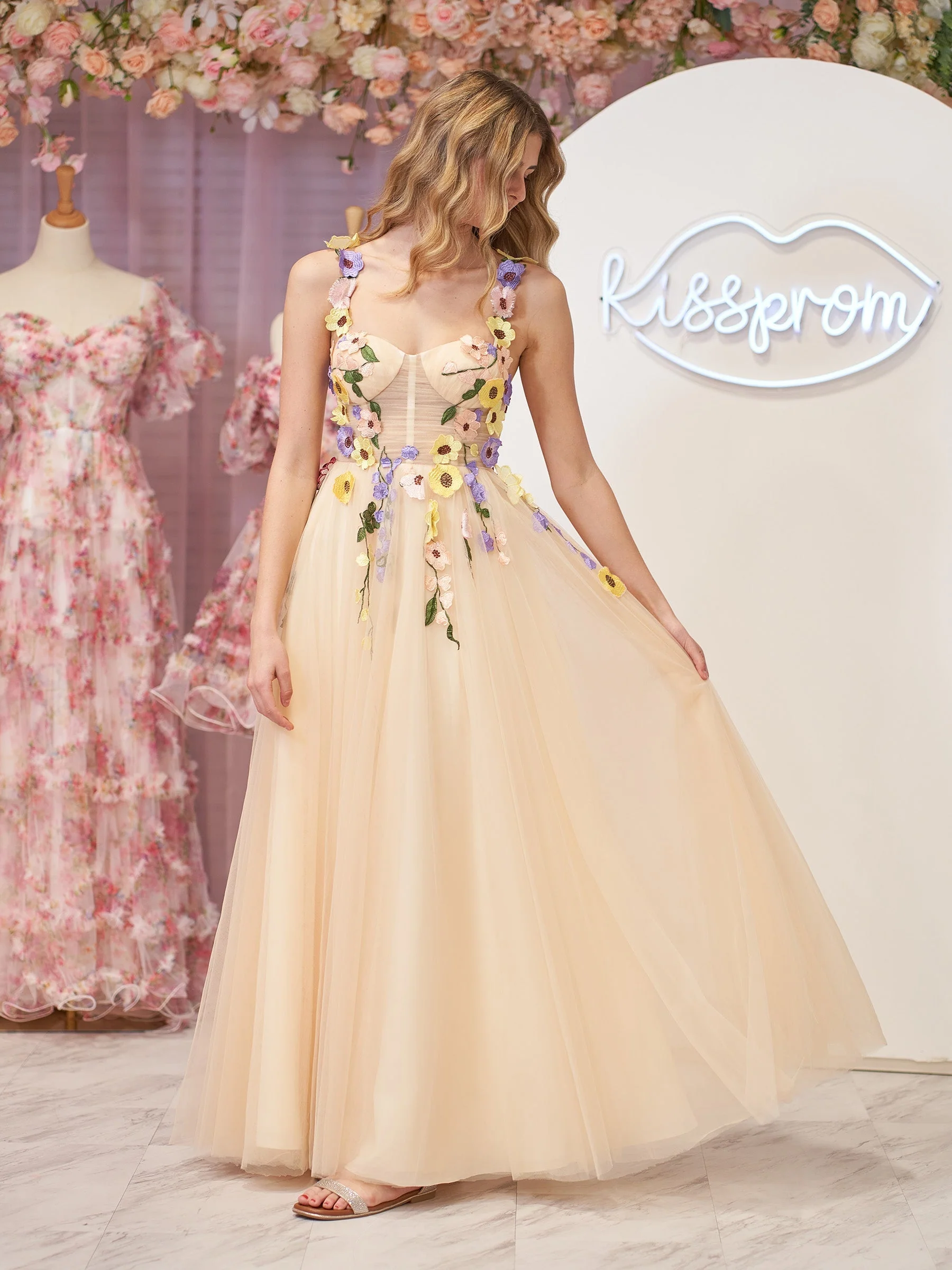 A-Line Corset Midi Prom Dress with 3D Flowers - Image 6