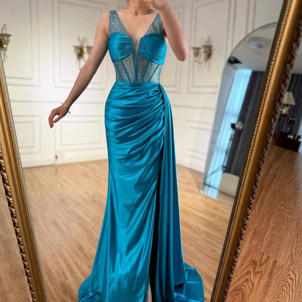 Blue Prom Dress with Side Overskirt Spaghetti Straps LA73011 - Image 3