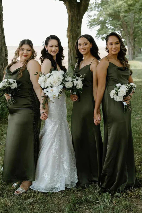 Cowl Neck Spaghetti Straps Satin Pleated Olive Bridesmaid Dress - Image 2