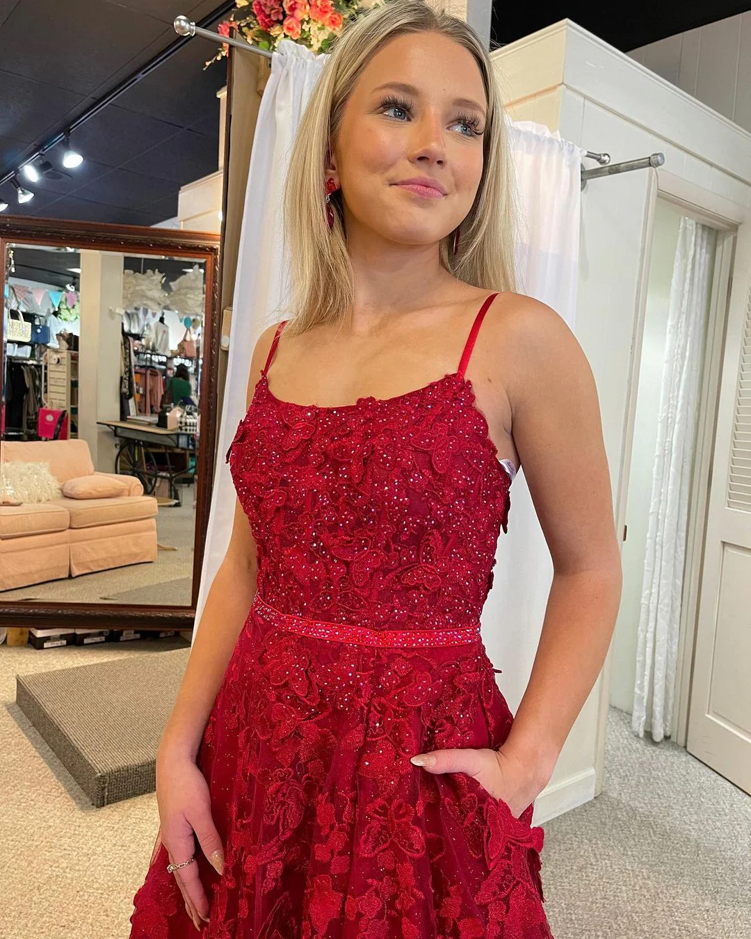 Cute A Line Scoop Neck Red Lace Prom Dresses with Beading - Image 3