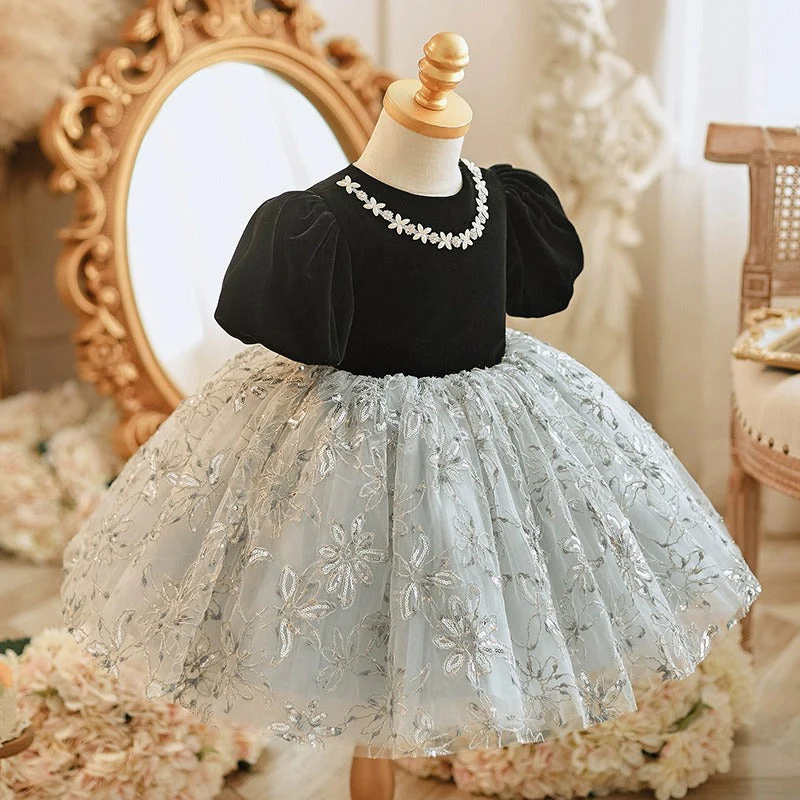 Cute Baby Girl Black Puff Sleeves Floral Fluffy Mesh Princess Dress Toddler First Communion Dress - Image 2