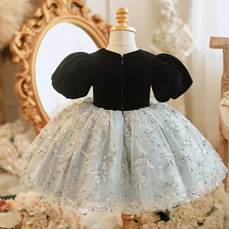Cute Baby Girl Black Puff Sleeves Floral Fluffy Mesh Princess Dress Toddler First Communion Dress - Image 4