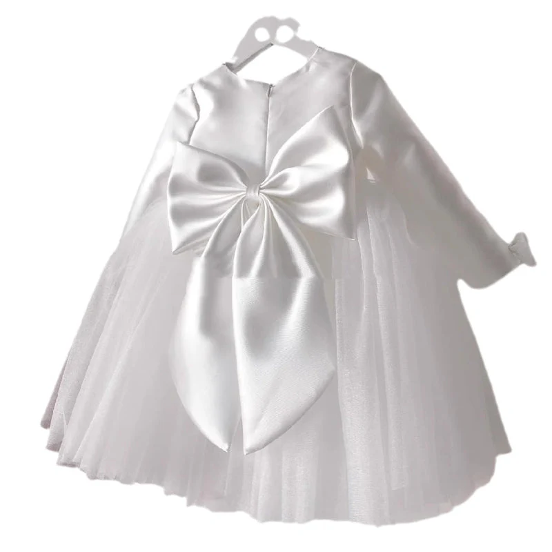 Cute Baby Girl Satin Mesh Fluffy Bow Dress Toddler Communion Dress - Image 3