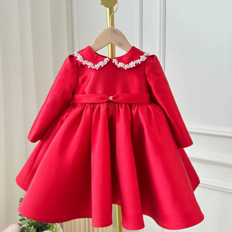 Cute Baby Girl with Flower Doll Collar Red Princess Dress Girl Toddler First Communion Dress - Image 2