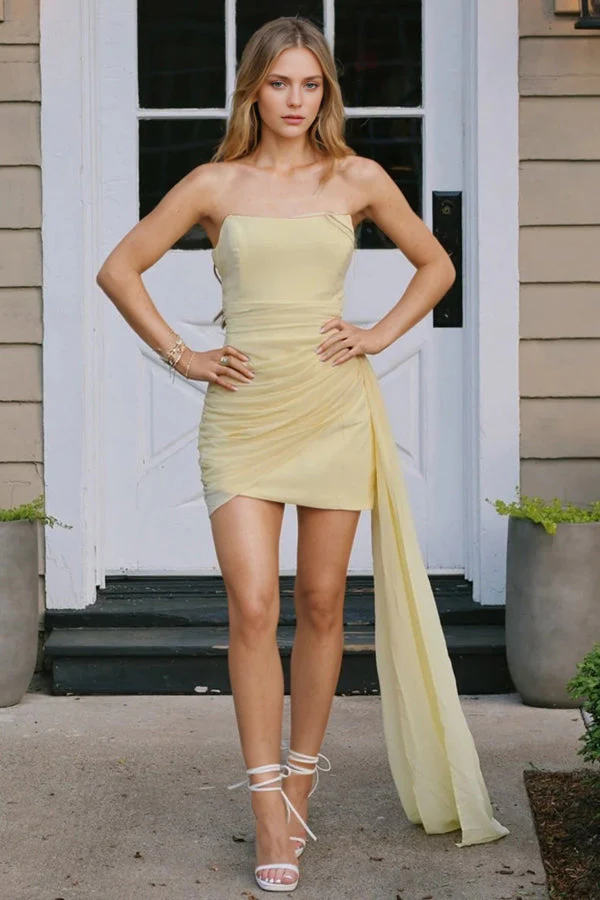 Cute Bodycon Strapless Yellow Short Homecoming Dress With Drape - Image 2