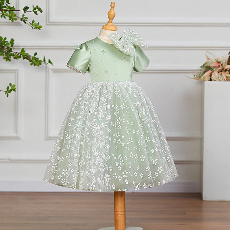 Toddler Prom Dress Little Girl Printing Bow Mesh Pattern Communion Birthday Party Dress - Image 2