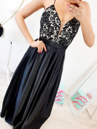 Cute V-neck Spaghetti Straps Cross Back Black Long Prom Dresses with Lace,Party Dresses,MP602 - Image 2