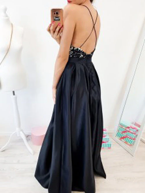 Cute V-neck Spaghetti Straps Cross Back Black Long Prom Dresses with Lace,Party Dresses,MP602 - Image 3