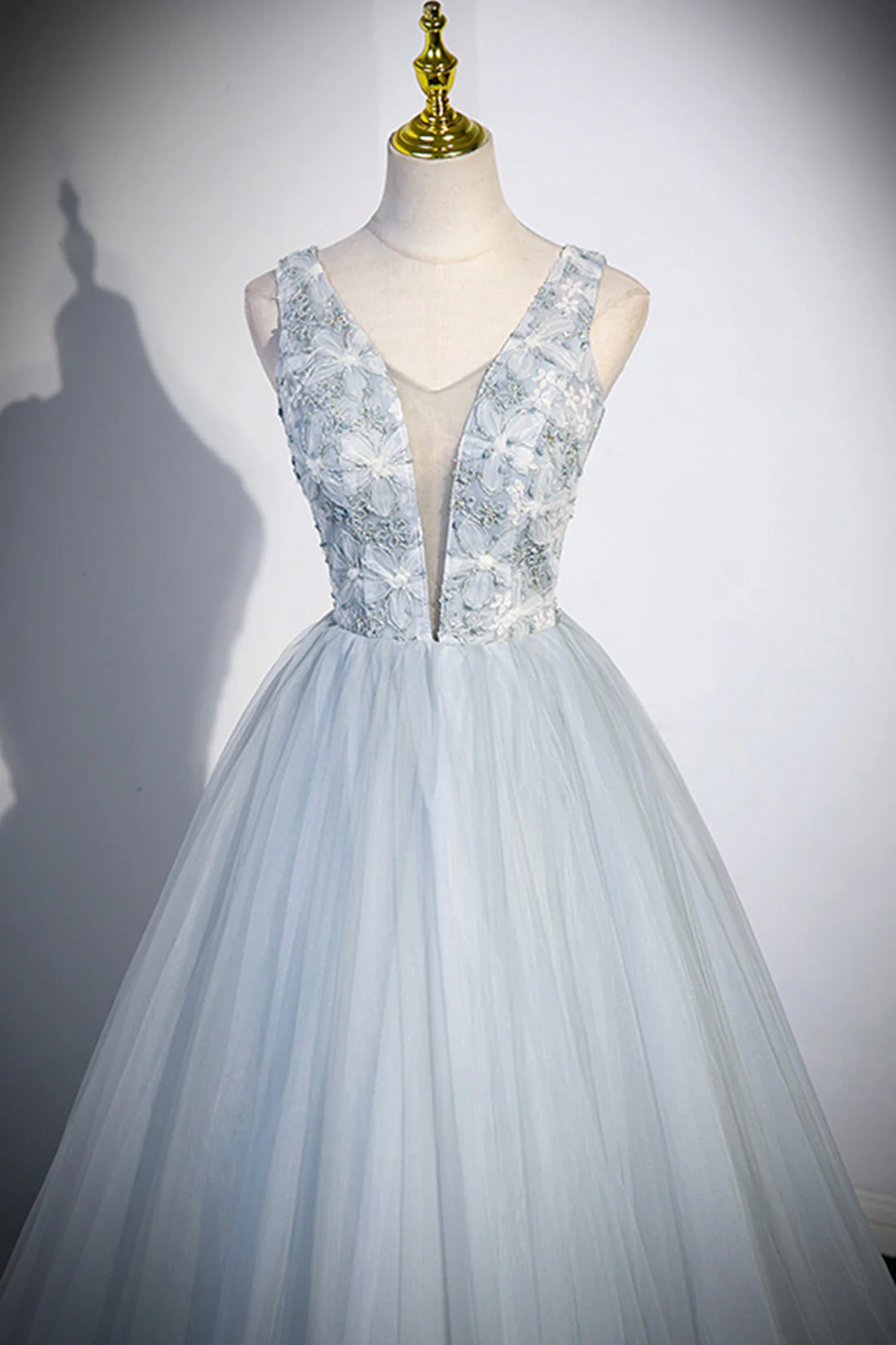 Cute V-Neck Tulle Long Prom Dress, Gray Evening Dress Party Dress - Image 2