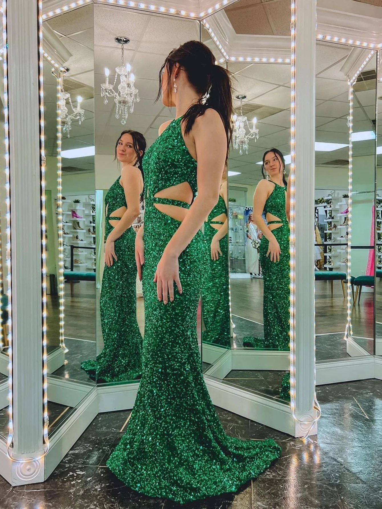 Cutout Mermaid Green Backless Long Prom Dress - Image 3