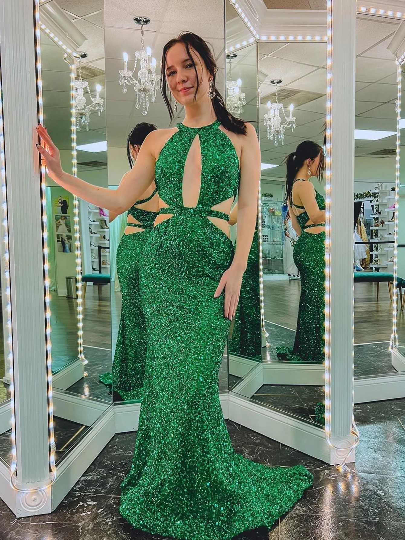 Cutout Mermaid Green Backless Long Prom Dress - Image 4