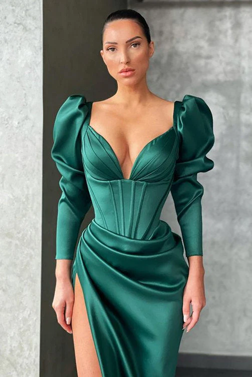 Dark green High-split Mermaid Prom Dress Bubble sleeves - Image 2