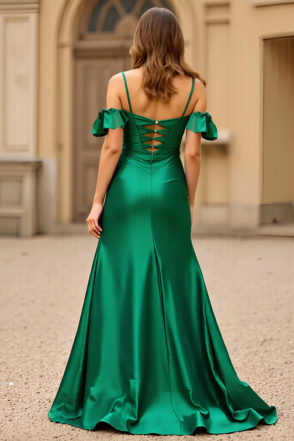 Dark Green Cold Shoulder Satin Long Prom Dress with Slit - Image 2