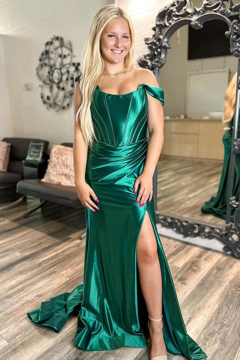 Off the Shoulder Satin Ruched Mermaid Long Corset Prom Dress with Slit - Image 2