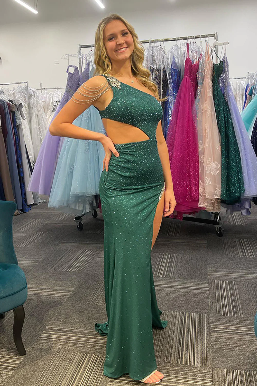 One Shoulder Mermaid Beaded Long Prom Dress with High Slit - Image 3