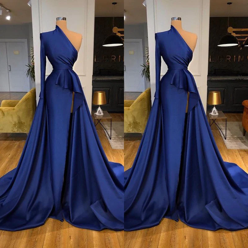 Dark Royal Blue Ruffles Side-cut Overskirt Prom Dress One shoulder - Image 3